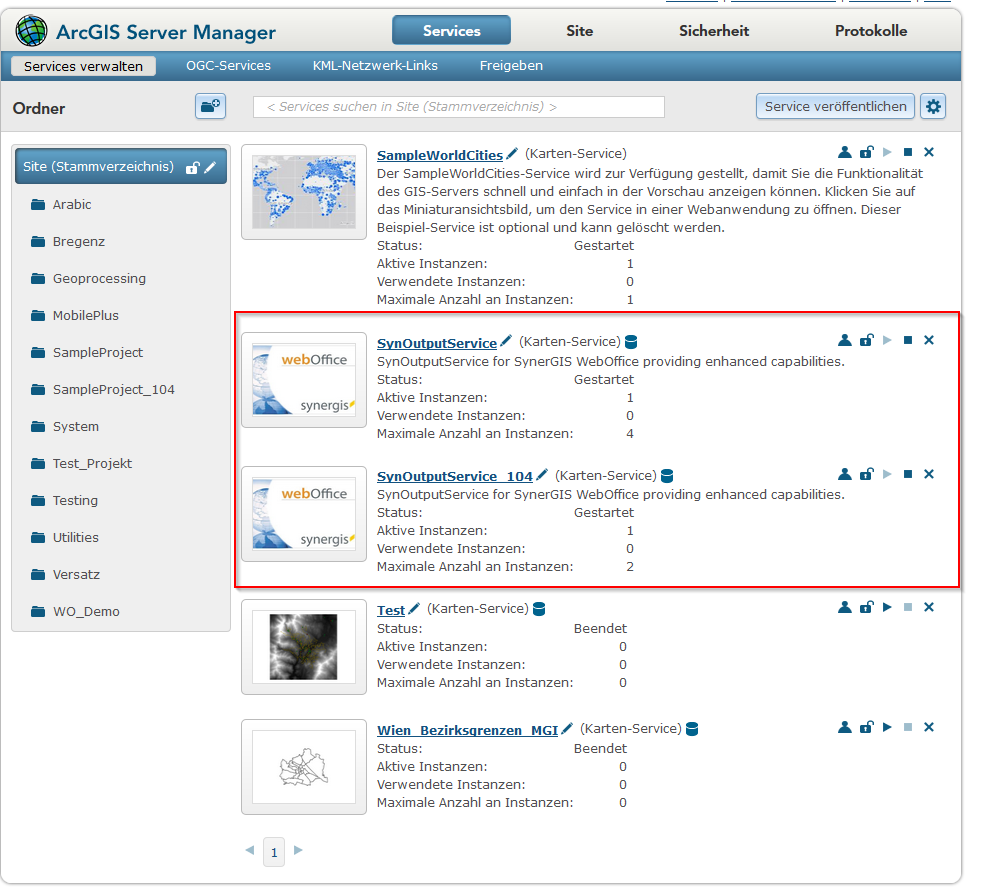 Erstellung eines weiteren SynOutputService im ArcGIS Server 10.5.1 Manager Erstellung eines weiteren SynOutputService im ArcGIS Server 10.5.1 Manager