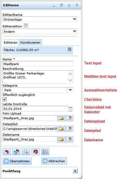 Fenster des Editierwerkzeugs im WebOffice html Client mit unterschiedlichen Arten von Attributfeldern