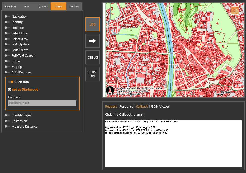 WebOffice map widget Testcontainer - Werkzeug Click Info