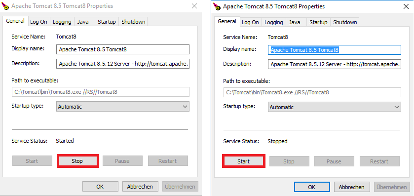 Starten bzw. Stoppen von Apache Tomcat