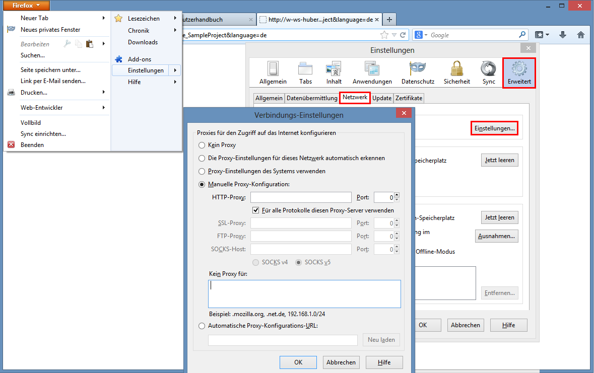Konfiguration der Proxyserver-Einstellungen in Mozilla Firefox