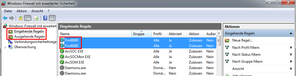 Windows-Firewall mit erweiterter Sicherheit - Aktivierte Regel öffnet Port 6080