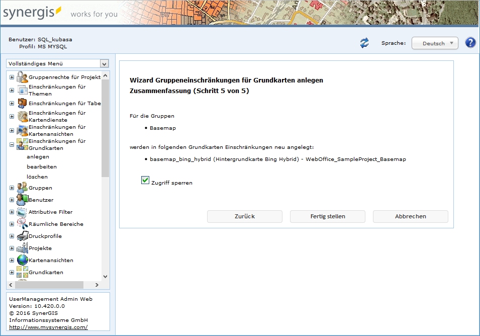 Gruppeneinschränkungen für Grundkarten anlegen - Schritt 5 Zusammenfassung