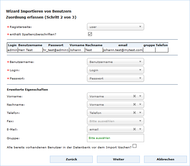 Zuordnung der Benutzereigenschaften