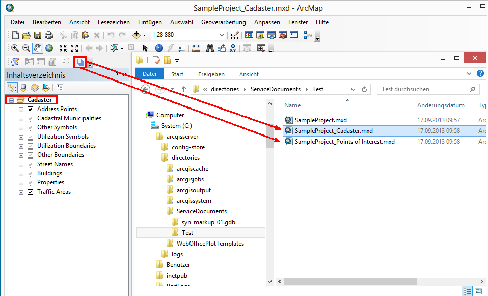 Aufgeteilte MXD Dokumente "SampleProject_Cadaster" und "SampleProject_Points of Interest" mit jeweils nur einem Datenrahmen