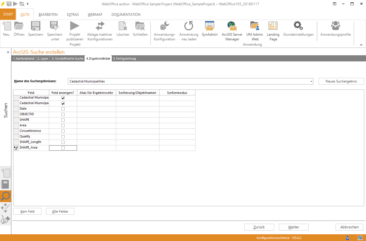 Assistent "ArcGIS-Suche erstellen" - Ergebnisfelder auswählen Assistent "ArcGIS-Suche erstellen" - Ergebnisfelder auswählen