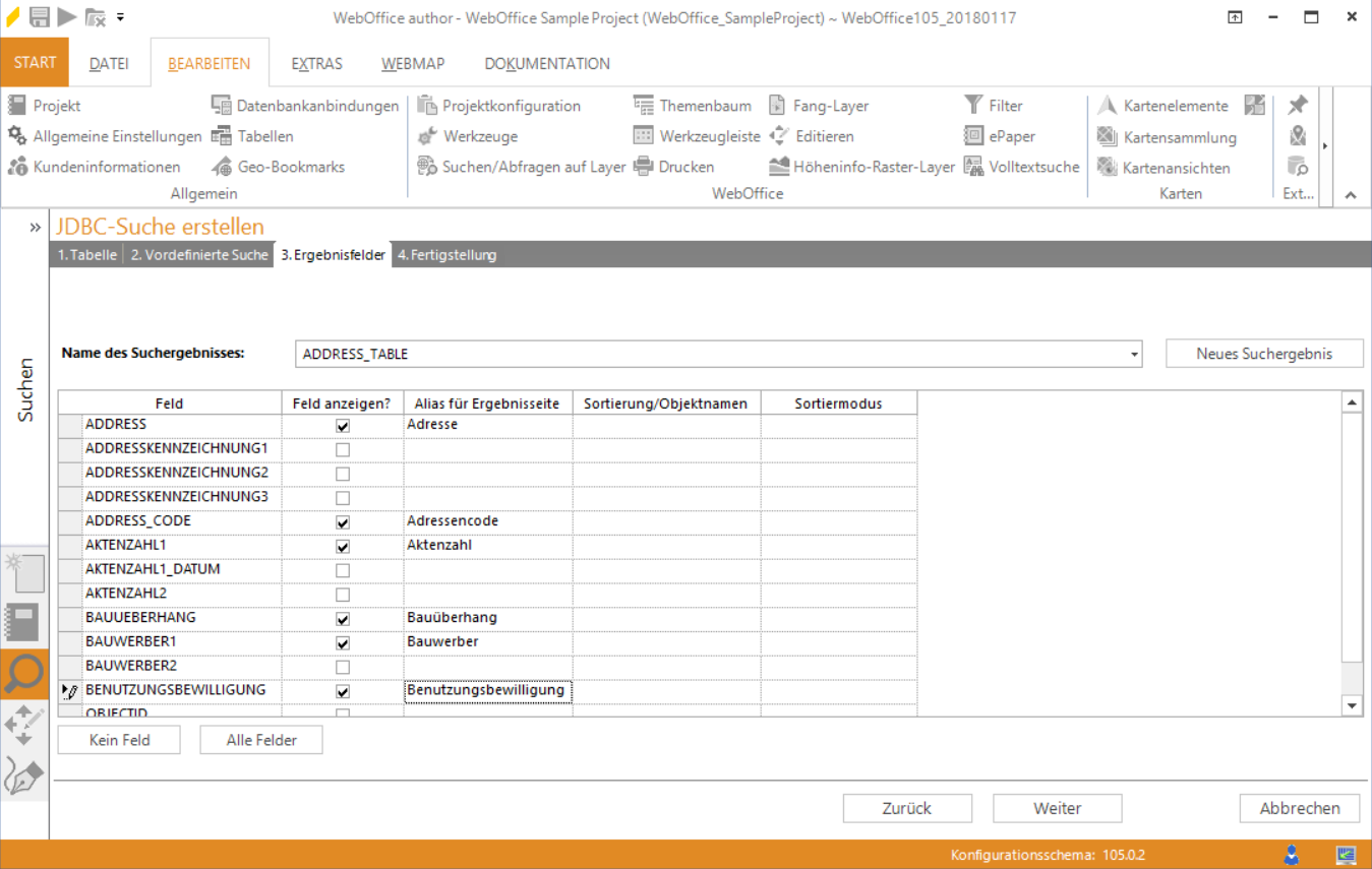 Assistent "JDBC-Suche erstellen" - Definition der Ergebnisfelder Assistent "JDBC-Suche erstellen" - Definition der Ergebnisfelder