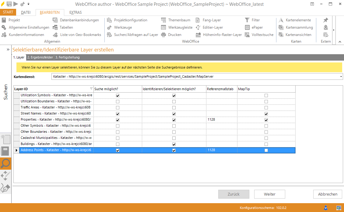 Assistent "Selektierbare/Identifizierbare Layer erstellen" - Auswahl des Kartendienstes und Konfiguration der einzelnen Layer