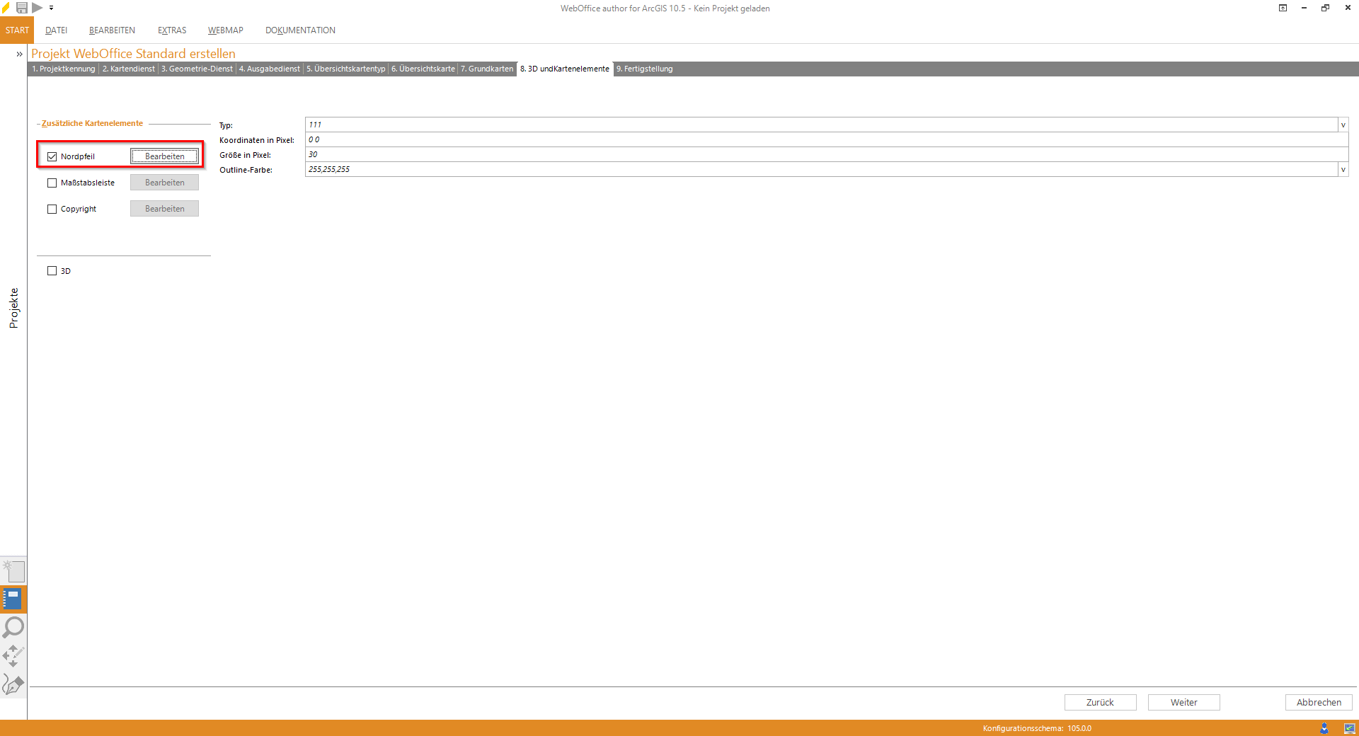 Wizard "Projekt erstellen" - Konfiguration des Nordpfeils Wizard "Projekt erstellen" - Konfiguration des Nordpfeils