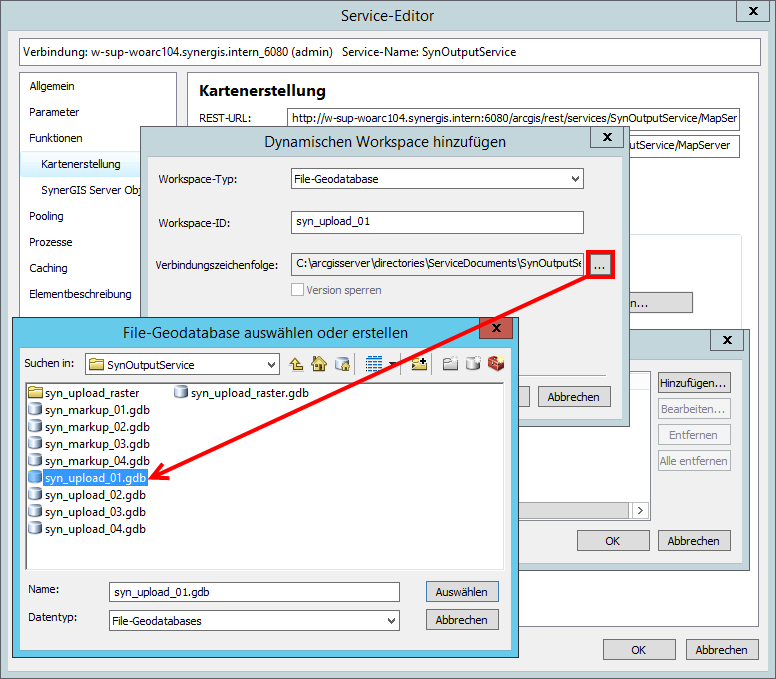 Dynamischen Workspace hinzufügen - Auswahl der File Geodatabase Dynamischen Workspace hinzufügen - Auswahl der File Geodatabase