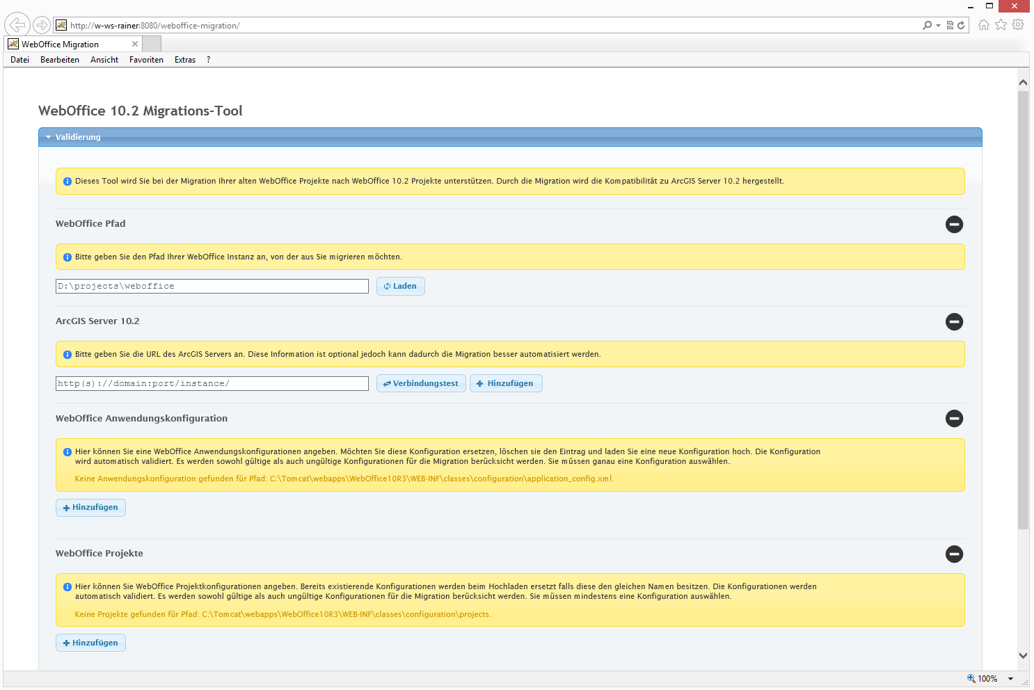 Startseite des WebOffice Migrations-Tool&nbsp;