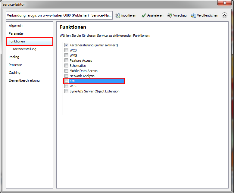 "KML" in den Funktionen deselektieren "KML" in den Funktionen deselektieren