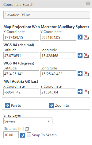 Coordinate search tool form in the WebOffice core client - multiple coordinate systems