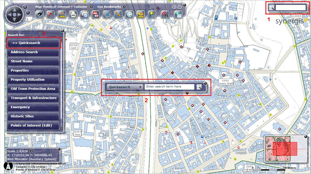 Quicksearch in the WebOffice flex (flash) client. Default (1), at start visible (2), GUI display in queries (3) Quicksearch in the WebOffice flex (flash) client. Default (1), at start visible (2), GUI display in queries (3)