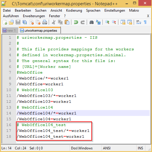 Adjustment of the Apache Tomcat Connector configuration