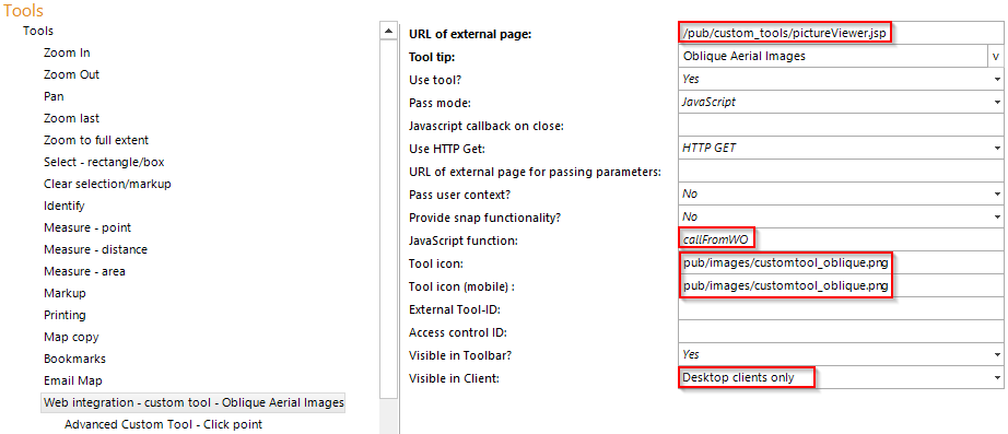 Configuring a custom tool for the presentation of oblique aerial images