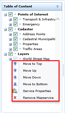 ArcGIS Online service context menu in the WebOffice html client