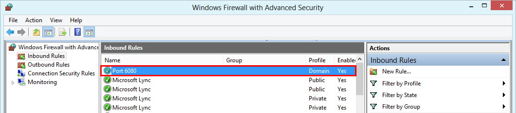 Windows Firewall with Advanced Security - active rule opening port 6080