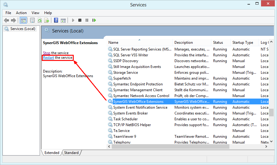 Restart the SynerGIS WebOffice Extensions Service Restart the SynerGIS WebOffice Extensions Service