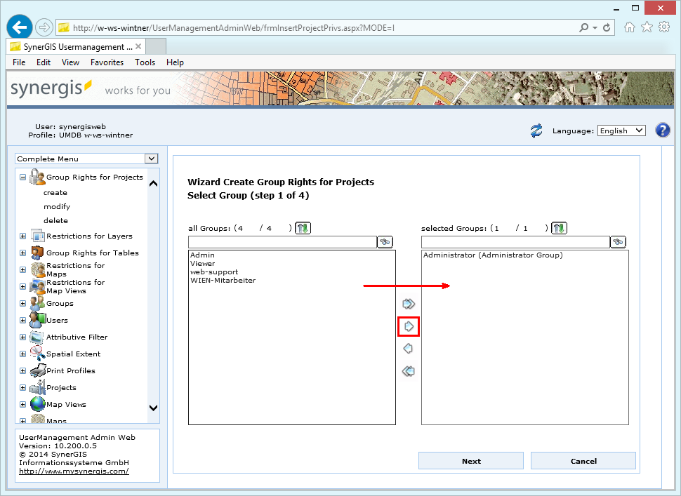 Group rights for projects - step 1 select group