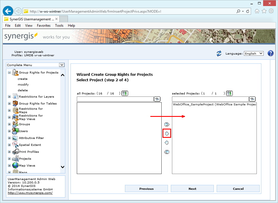 Group rights for projects - step 2 select project