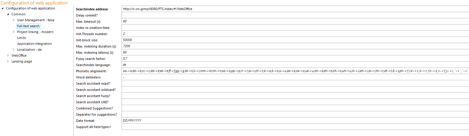 Configuration of the search index adress Configuration of the search index adress