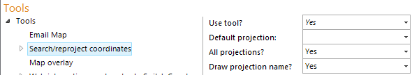 Search/reproject coordinates tool configuration