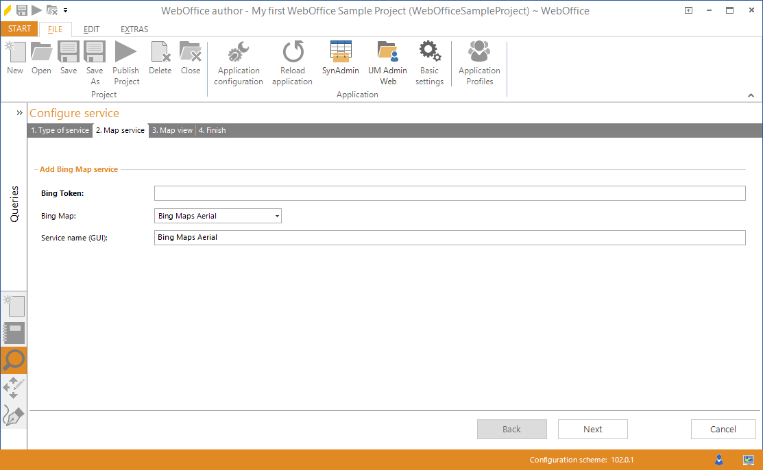 Wizard "Add service" - select an Bing map service Wizard "Add service" - select an Bing map service
