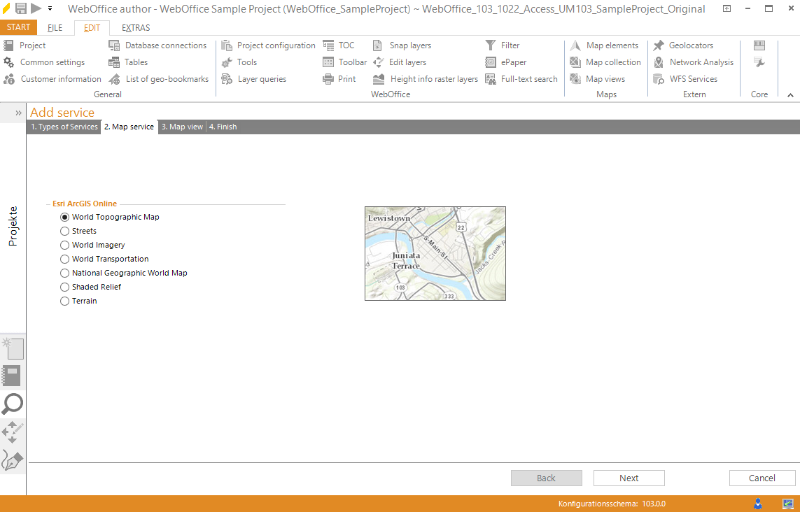 Wizard - "Add Service" - ArcGIS Online (preconfigured) Wizard - "Add Service" - ArcGIS Online (preconfigured)