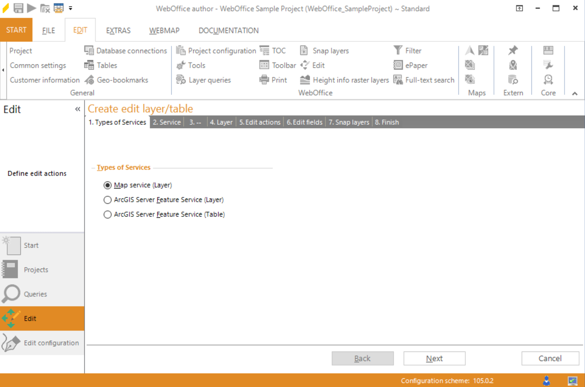 Wizard "Create edit layer/table" - types of services