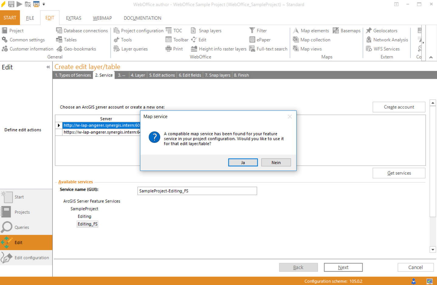 Wizard "Create edit layer/table" - map service