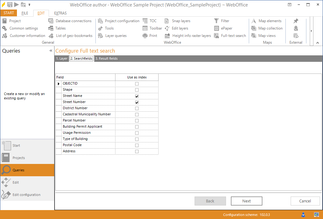 Starting the wizard "Full-text search" - search fields