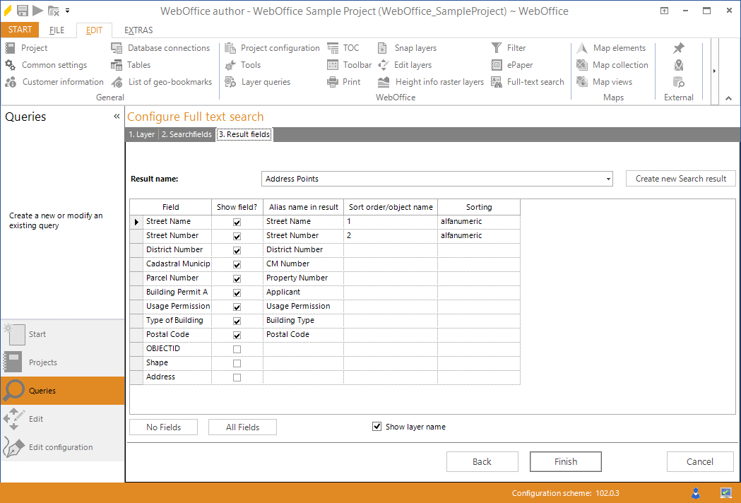 Starting the wizard "Full-text search" - result fields