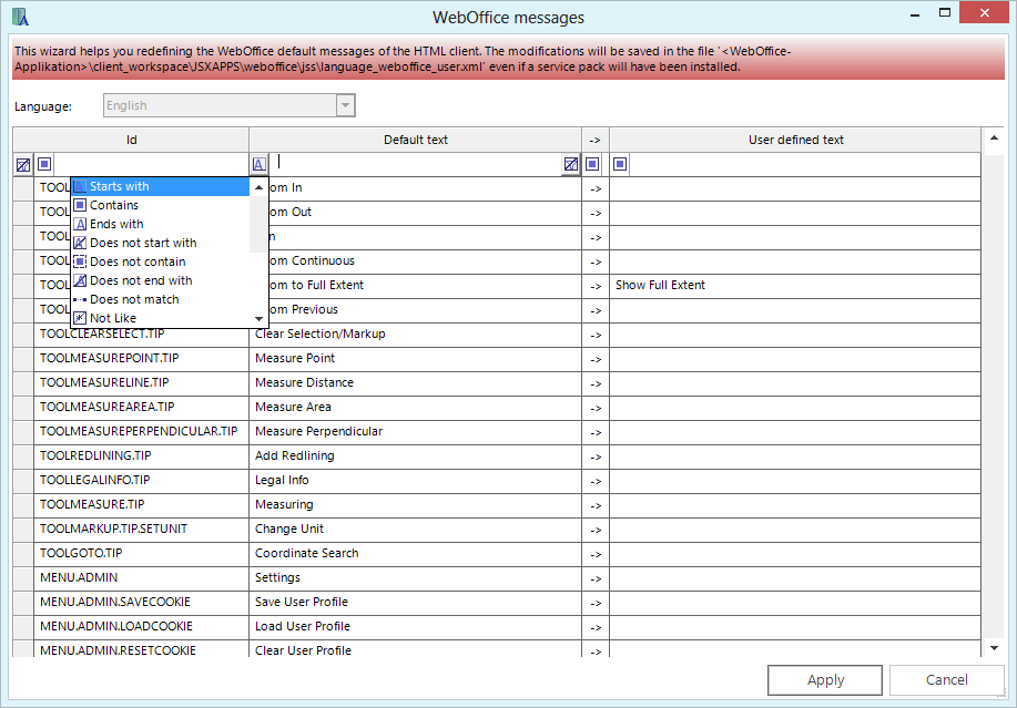 Filtering in the WebOffice messages dialog