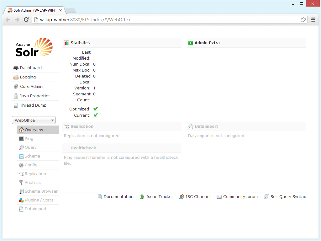 Apache Solr administration page Apache Solr administration page