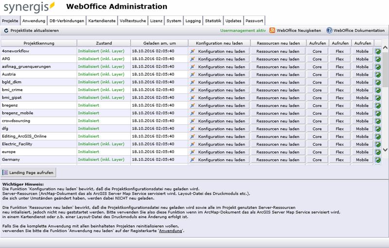 SynAdmin mit dem geöffneten Projekte Tab SynAdmin mit dem geöffneten Projekte Tab