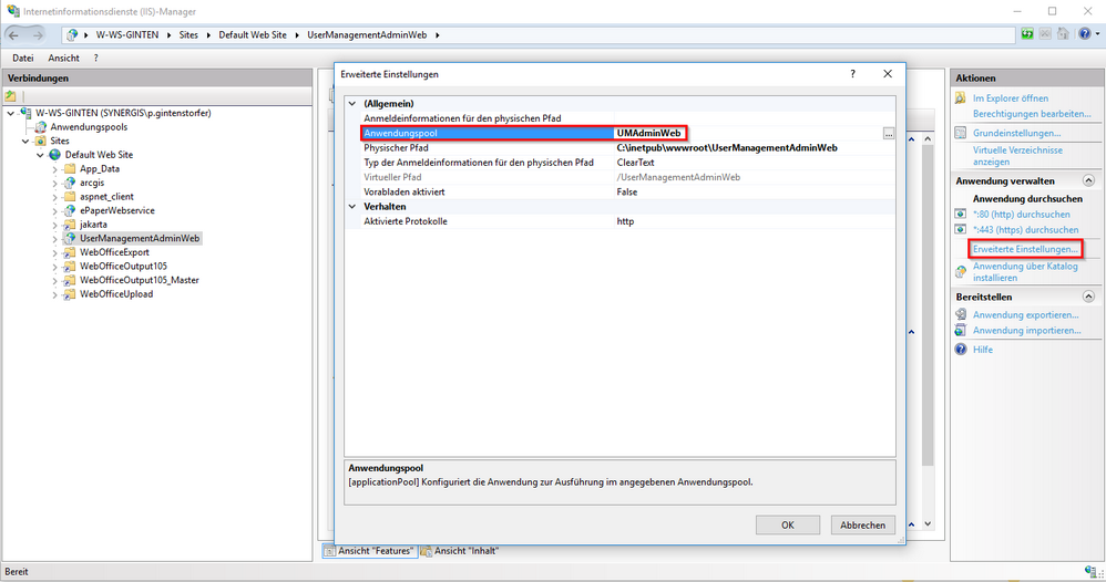 Weisen Sie den Anwendungspool UMAdminWeb Ihrer UserManagement Admin Web Anwendung zu