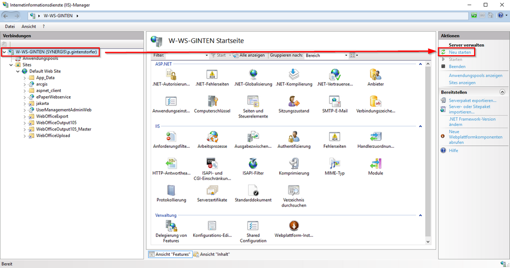 Neustart des Internetinformationsdienste (IIS)-Managers