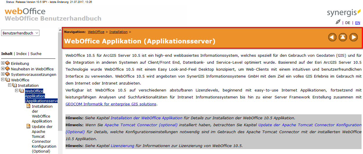 Titelleiste - Pfad zum Kapitel im Inhaltsverzeichnis / Navigation per Pfeiltasten möglich