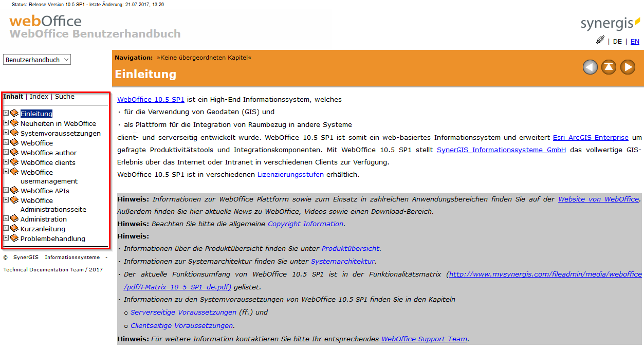 Inhalt - Themenbaum der Onlinehilfe