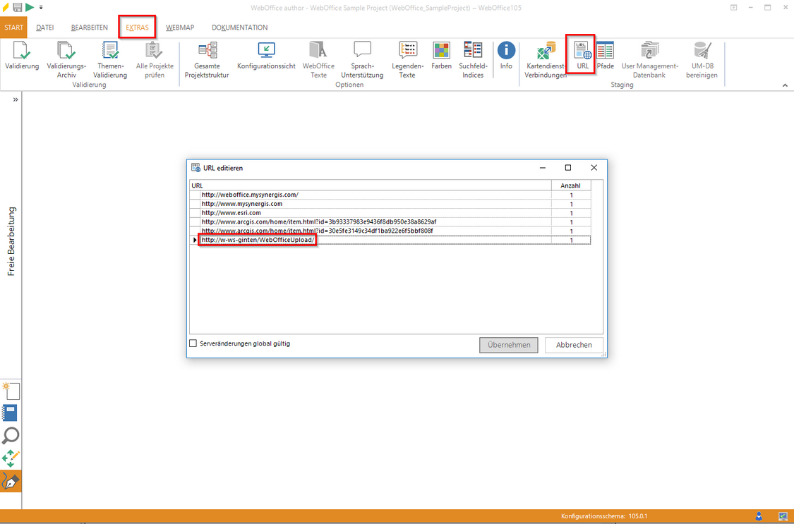 Überprüfen der WebOfficeUpload URL im WebOffice author