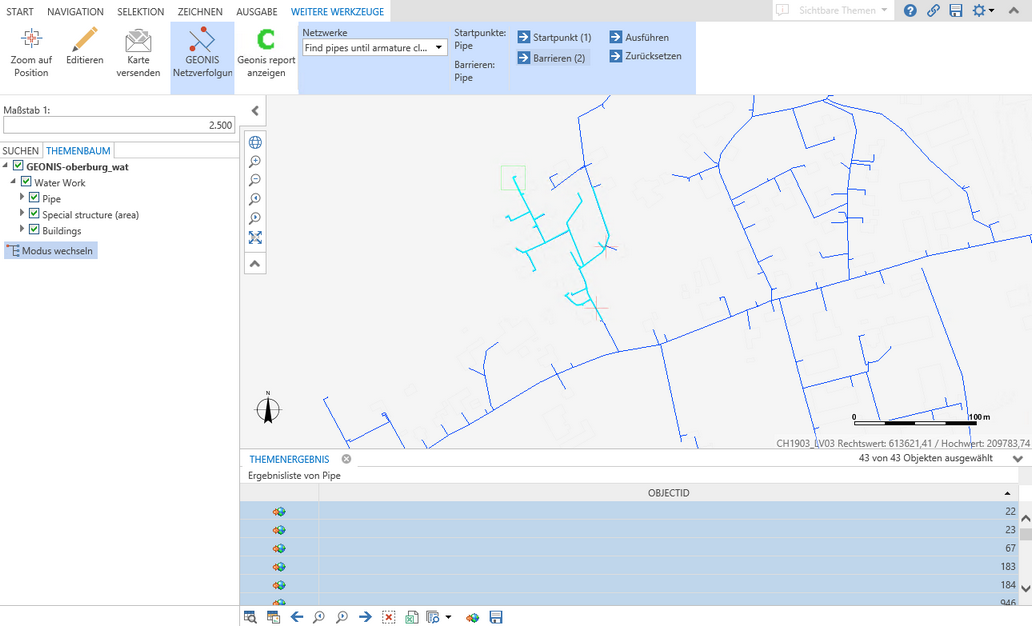 Ergebnis der GEONIS Netzverfolgung im WebOffice core Client