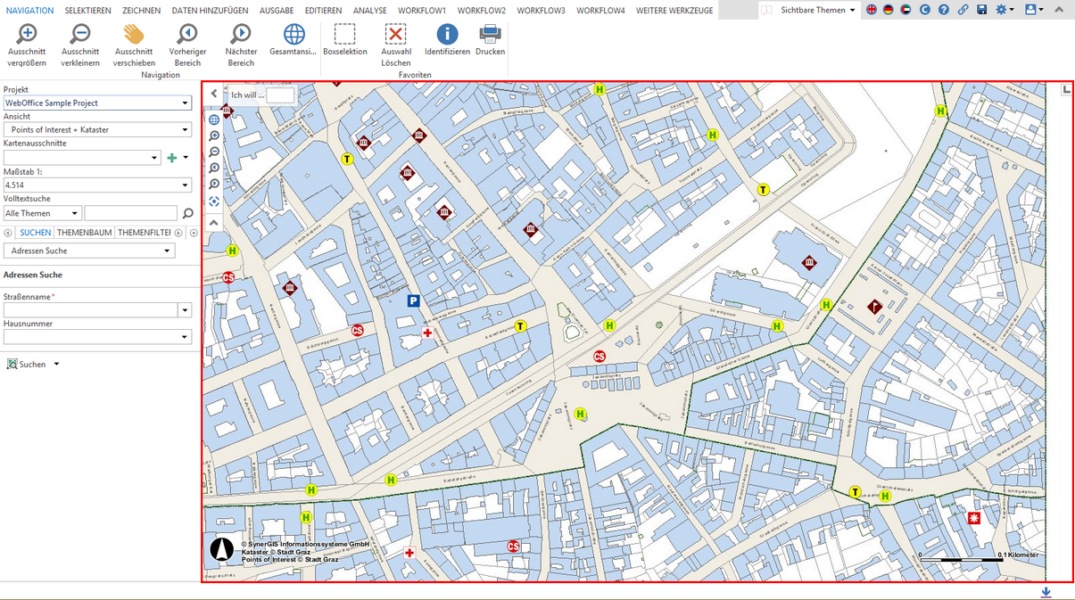Hauptkartenbereich im WebOffice core Client