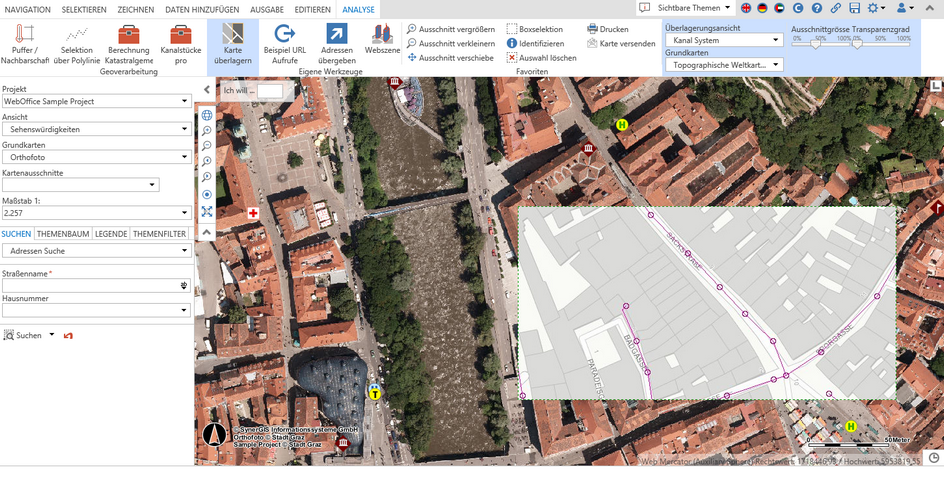 Einsatz des Werkzeuges Kartenüberlagerung im WebOffice core Client