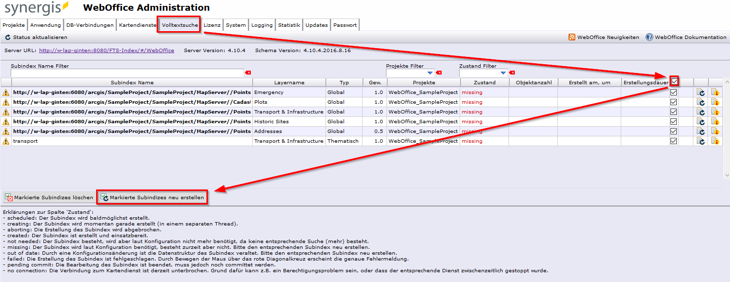 Subindizes neu erstellen in Synadmin