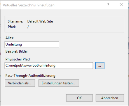 Erstellung eines virtuellen Verzeichnisses im IIS