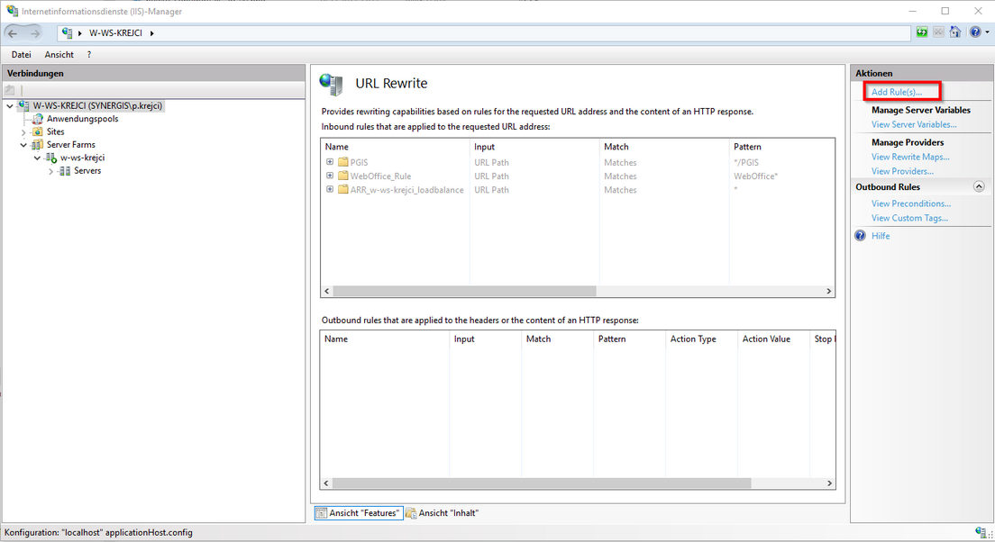 Hinzufügen bzw. Bearbeitung einer Weiterleitungsregel mit URL Rewrite