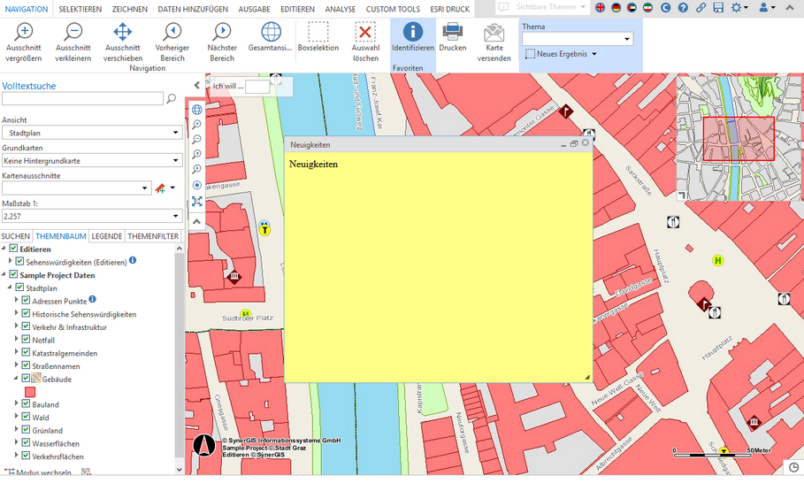 Projektaufruf mit einem GUI-Modul, das Neuigkeiten präsentiert