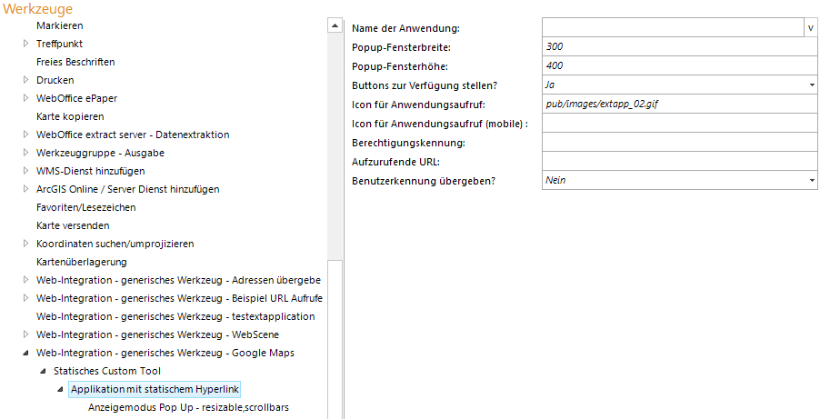 Konfiguration eines Statischen Custom Tools für den Google Maps © Aufruf