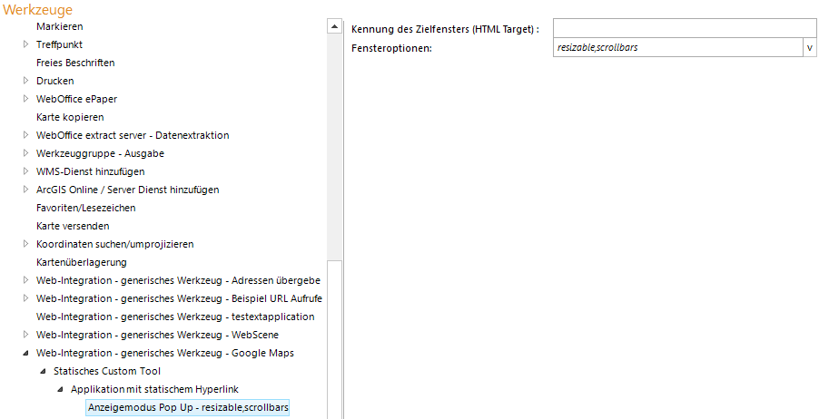 Konfiguration des Anzeigemodus Pop Up für den Google Maps © Aufruf